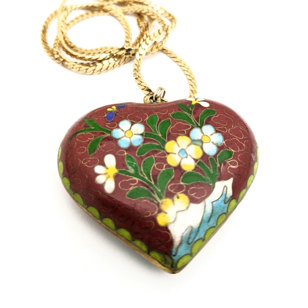 Vintage Chinese Terracotta Red Handmade Cloisonne Puffy Heart Pendant Necklace